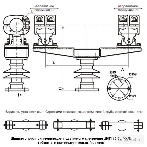 Шинные опоры для установки двух алюминиевых труб жесткой ошиновки типа ШОП-10-C...-4 УХЛ1